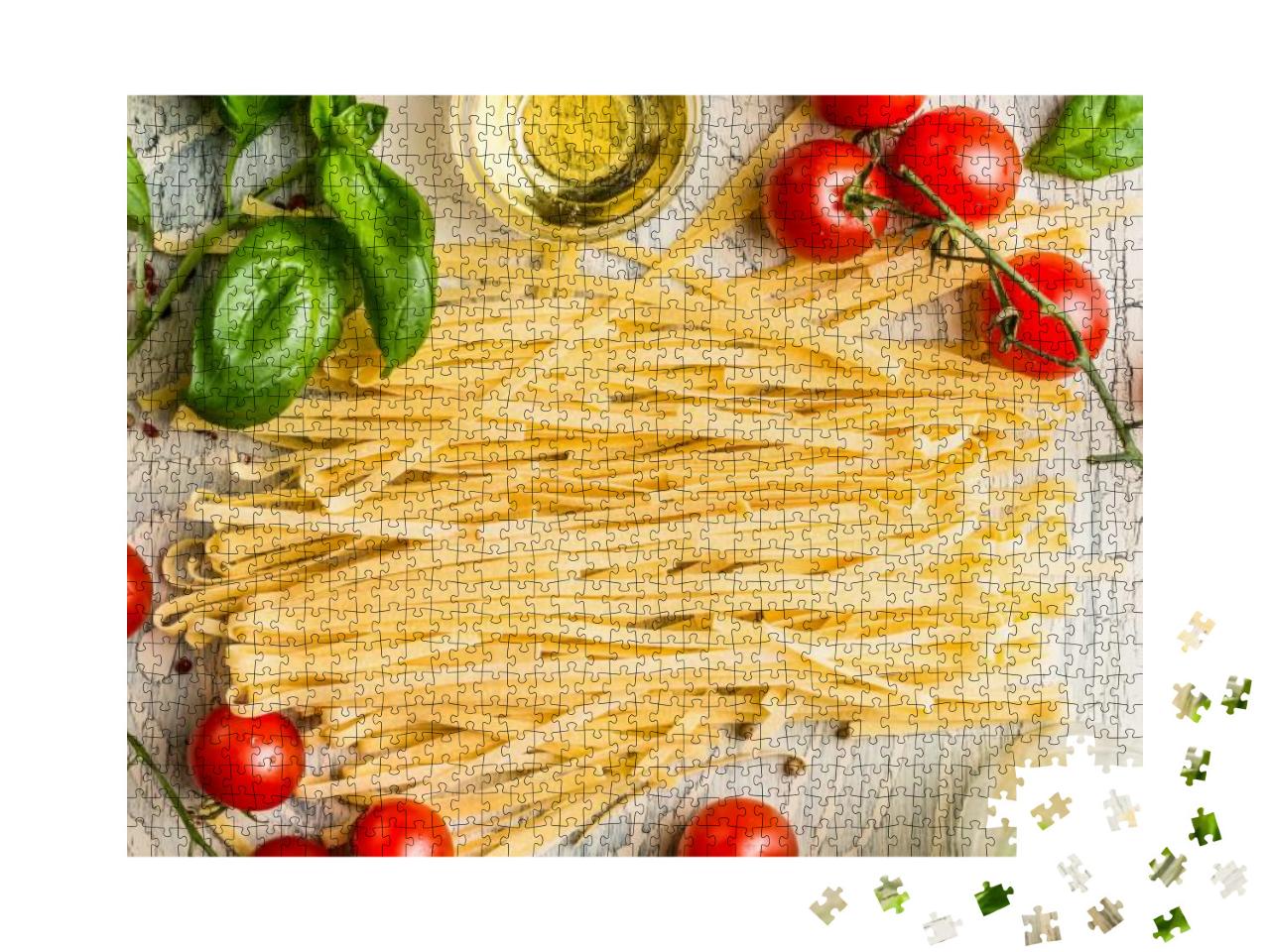Italian Pasta with Tomatoes, Basil & Oil, Top View... Jigsaw Puzzle with 1000 pieces