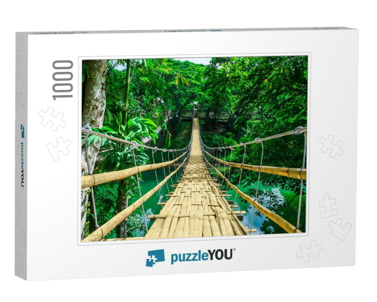 Bamboo Pedestrian Hanging Bridge Over River in Tropical F... Jigsaw Puzzle with 1000 pieces