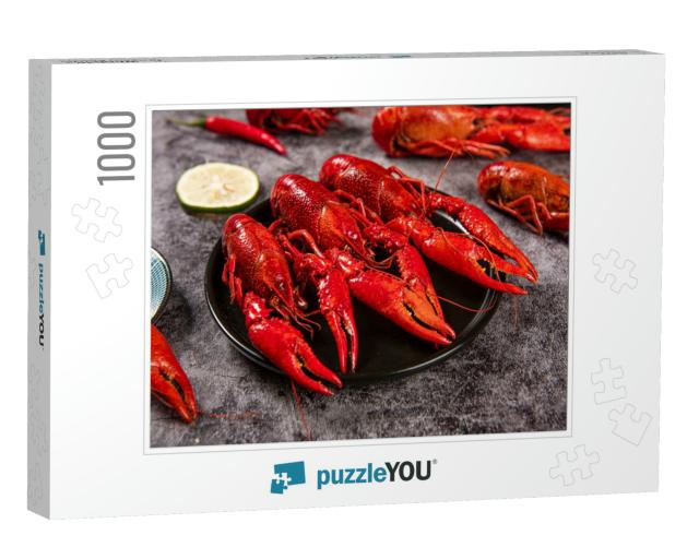 Boiled Red Crawfish or Crayfish in Plate on Table... Jigsaw Puzzle with 1000 pieces