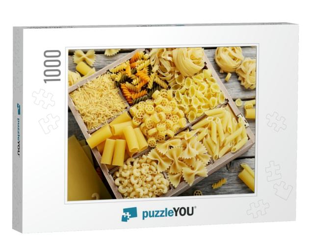 Different Kinds of Pasta on Grey Wooden Table... Jigsaw Puzzle with 1000 pieces