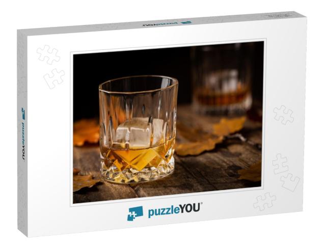 Glass of Scotch Whiskey & Ice on Wooden Background with A... Jigsaw Puzzle