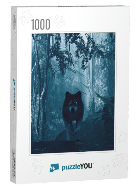 Wolf in the Dark Forest, 3D Illustration... Jigsaw Puzzle with 1000 pieces