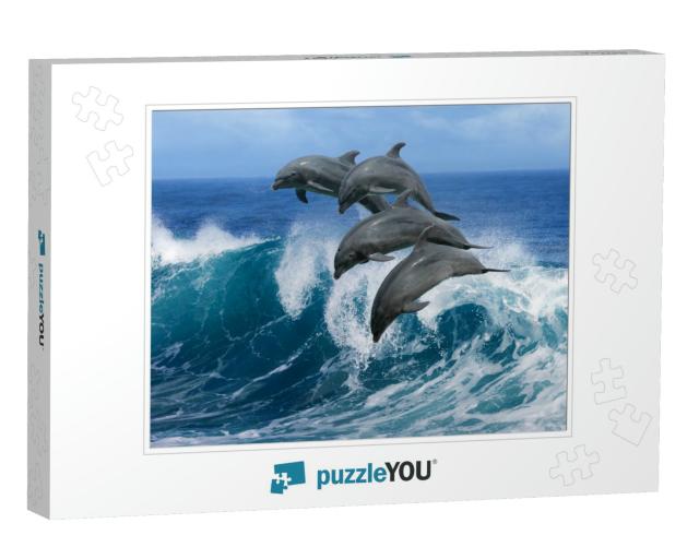 Four Beautiful Dolphins Jumping Over Breaking Waves. Hawa... Jigsaw Puzzle