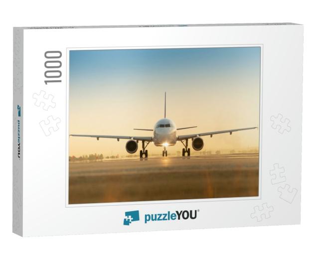 Sunset View of Airplane on Airport Runway Under Dramatic... Jigsaw Puzzle with 1000 pieces