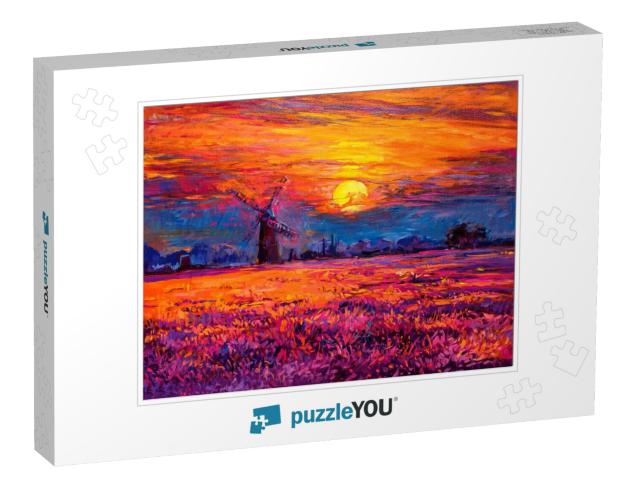 Oil Painting Landscape - Colorful Sunset & Beautiful Mill... Jigsaw Puzzle