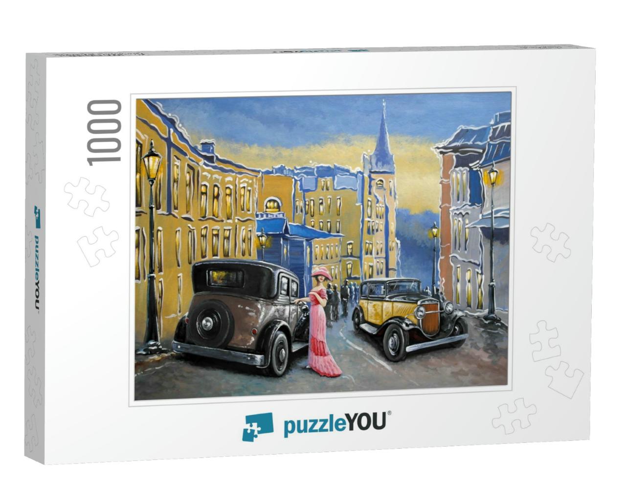 Oil Paintings Landscape. Old City. Street & Old Auto. Fin... Jigsaw Puzzle with 1000 pieces