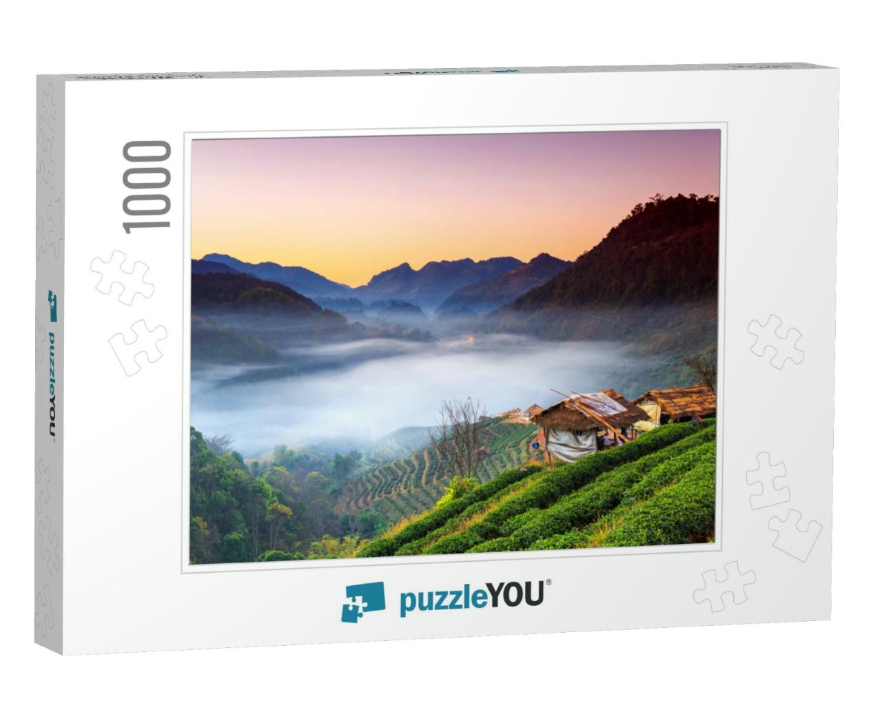 Sunrise & Foggy Mountain View of Tea Plantation At Doi An... Jigsaw Puzzle with 1000 pieces