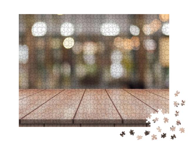 Empty Wooden Table Top with Lights Bokeh on Blur Restaura... Jigsaw Puzzle with 1000 pieces