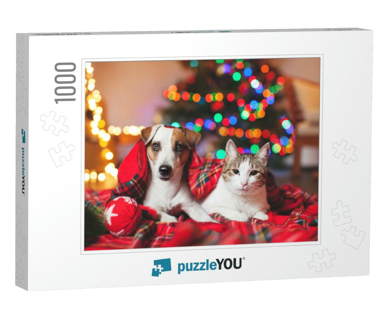 Cat & Dog Under a Christmas Tree. Pets Under Plaid... Jigsaw Puzzle with 1000 pieces