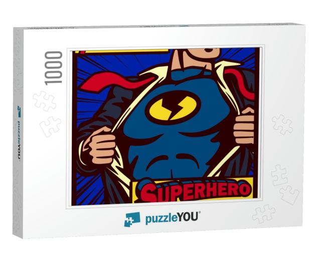 Pop Art Comic Book Style Panel Superhero Tearing Shirt &... Jigsaw Puzzle with 1000 pieces