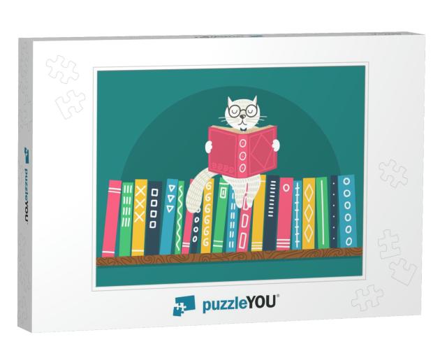 Bookshelf with Fantasy Clever White Cat Reading Book on T... Jigsaw Puzzle