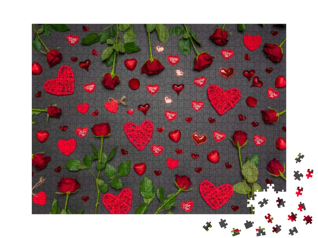 Fresh Rose Flowers, Decorative Hearts & Sweets in Red Col... Jigsaw Puzzle with 1000 pieces