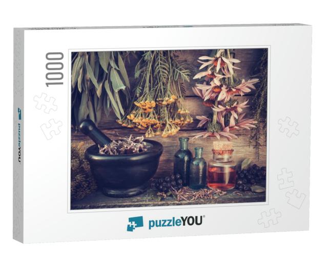 Vintage Stylized Photo of Healing Herbs Bunches, Black Mo... Jigsaw Puzzle with 1000 pieces