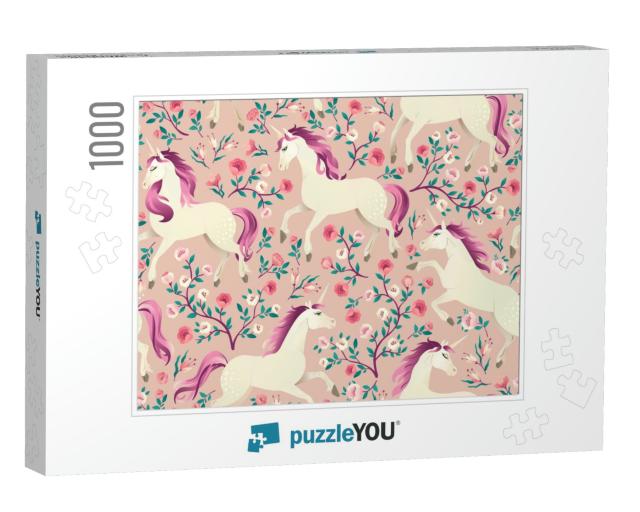 Hand Drawn Vintage Unicorn in Magic Forest Seamless Patte... Jigsaw Puzzle with 1000 pieces