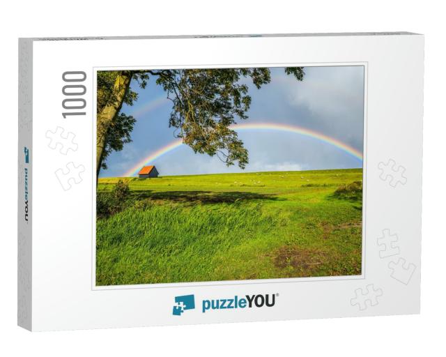 Rainbow in Sky Clouds Over Rural House Lawn Summer Field... Jigsaw Puzzle with 1000 pieces