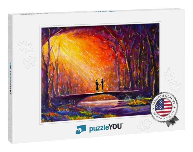 Original Oil Painting Lovers on Bridge in Forest At Night... Jigsaw Puzzle