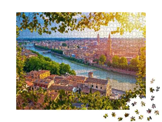 City of Verona & Adige River Aerial View Through Leaf Fra... Jigsaw Puzzle with 1000 pieces