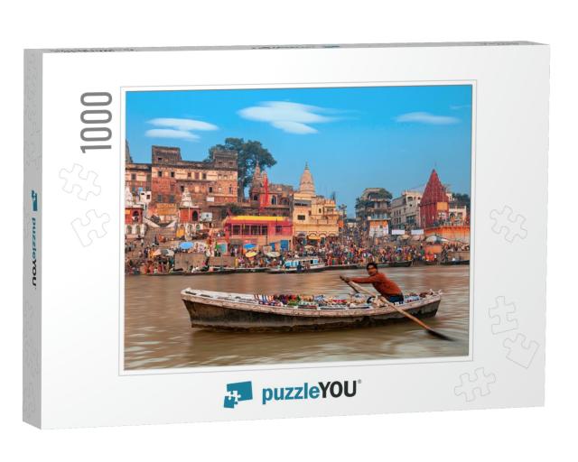 A View of Holy Ghats of Varanasi with a Boatman Sailing... Jigsaw Puzzle with 1000 pieces