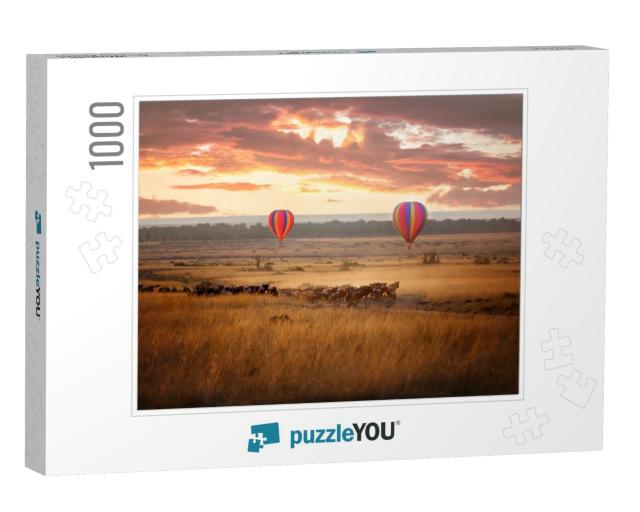 Sunrise Over the Masai Mara, with a Pair of Low-Flying Ho... Jigsaw Puzzle with 1000 pieces