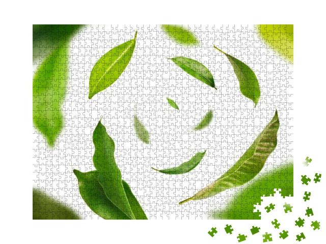 Vividly Flying in the Air Green Tea Leaves Isolated on Wh... Jigsaw Puzzle with 1000 pieces