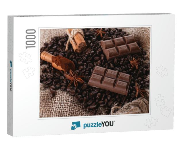 Chocolate, Coffee Beans, Anise on Wooden Background... Jigsaw Puzzle with 1000 pieces