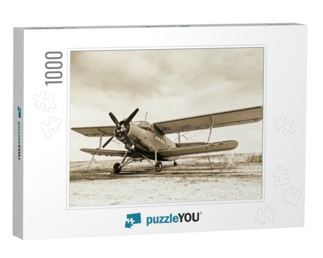 Old Airplane on Field in Sepia Tone... Jigsaw Puzzle with 1000 pieces