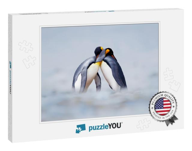 King Penguin Mating Couple Cuddling in Wild Nature, Snow... Jigsaw Puzzle