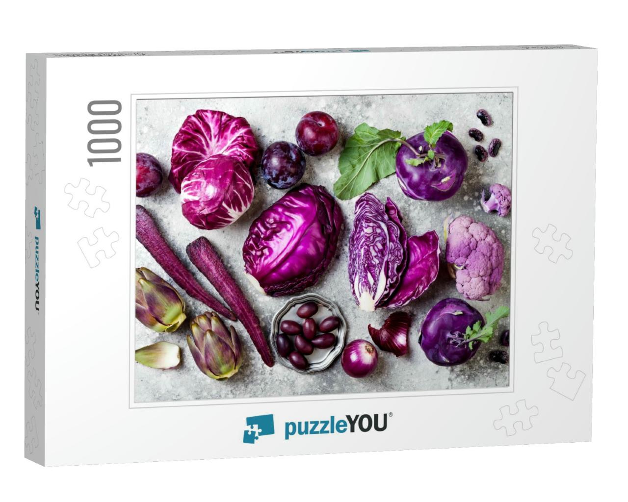 Raw Purple Vegetables Over Gray Concrete Background. Cabb... Jigsaw Puzzle with 1000 pieces