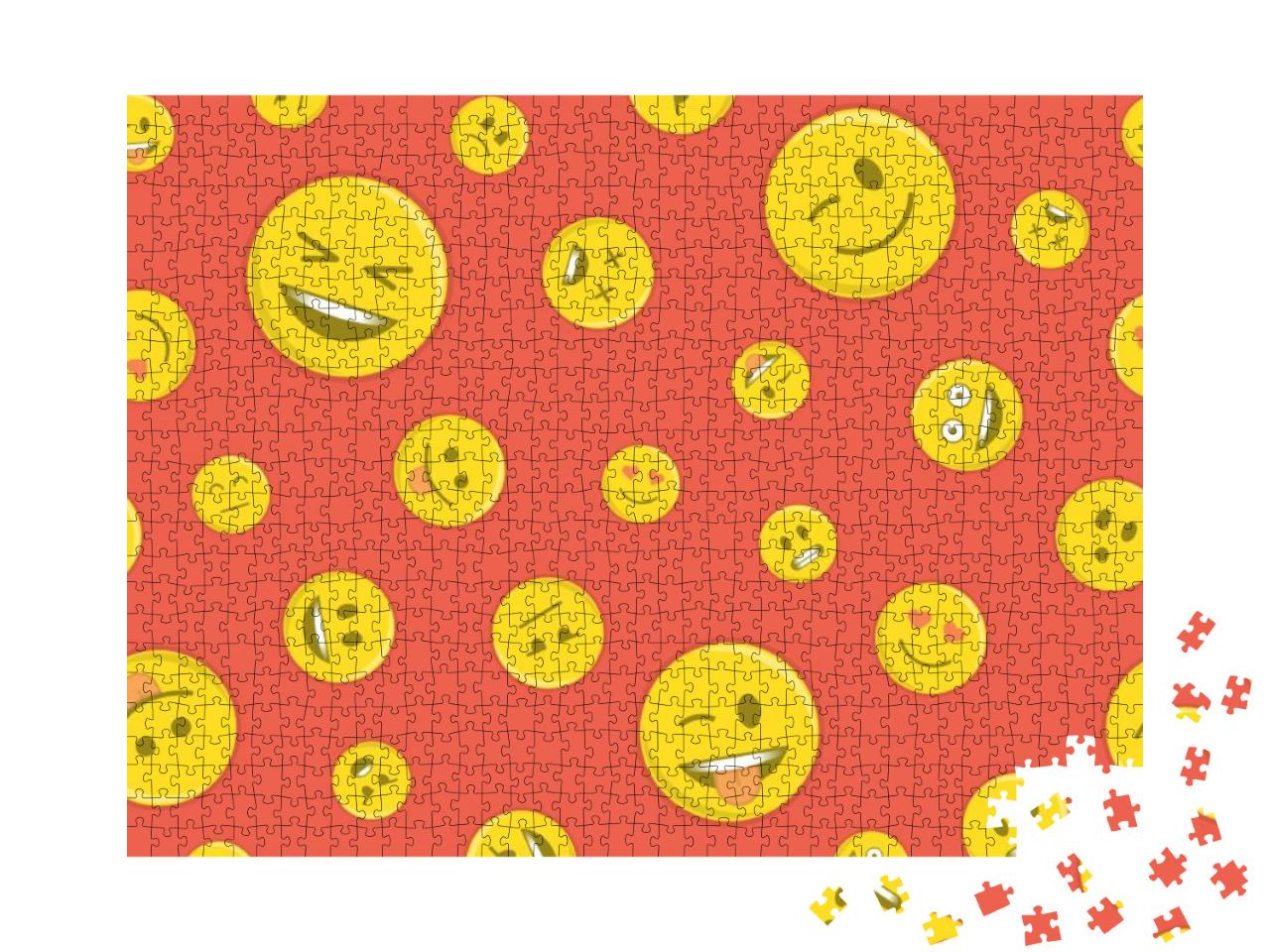 Seamless Line Pattern with Emoticons on Red Background. Y... Jigsaw Puzzle with 1000 pieces