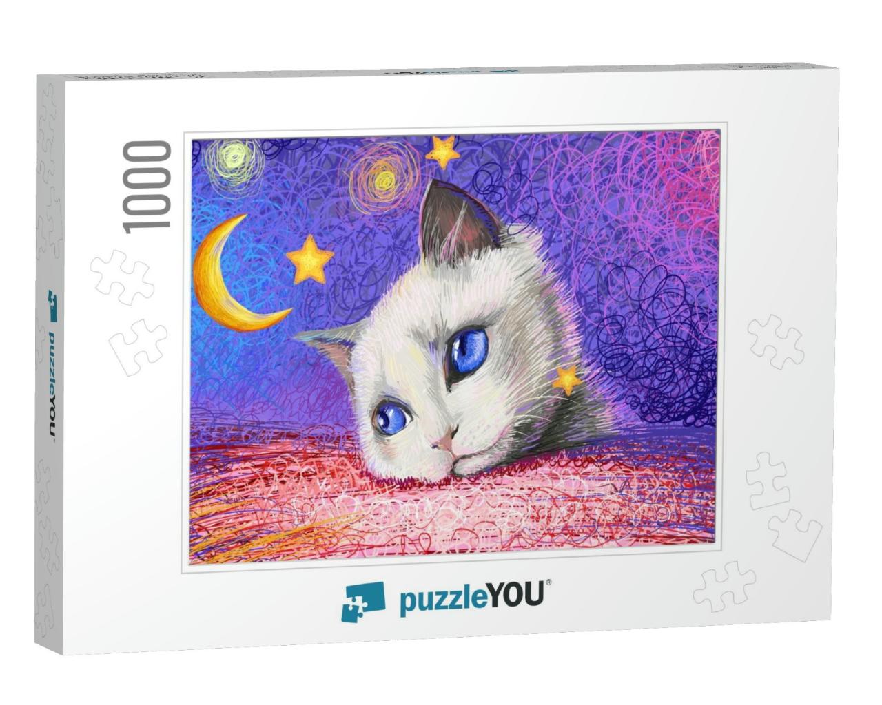 Drawn Illustration of a White Cat Head on a Bright Backgr... Jigsaw Puzzle with 1000 pieces