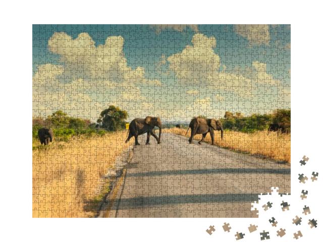 North Botswana Family of Elephants Crossing the Road, is... Jigsaw Puzzle with 1000 pieces