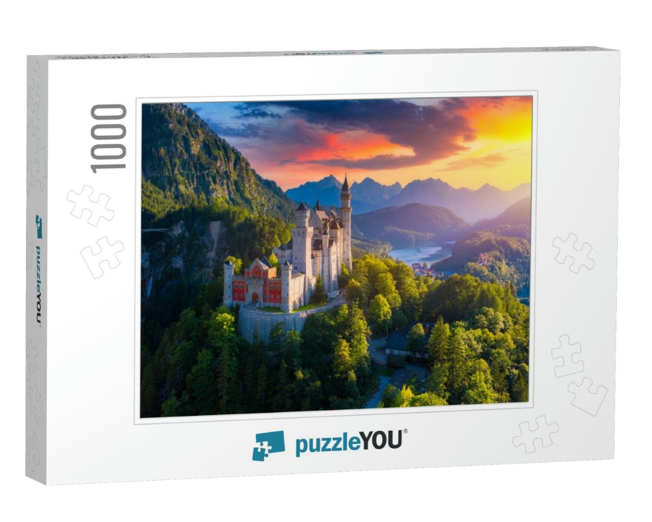 Aerial View of Neuschwanstein Castle with Scenic Mountain... Jigsaw Puzzle with 1000 pieces