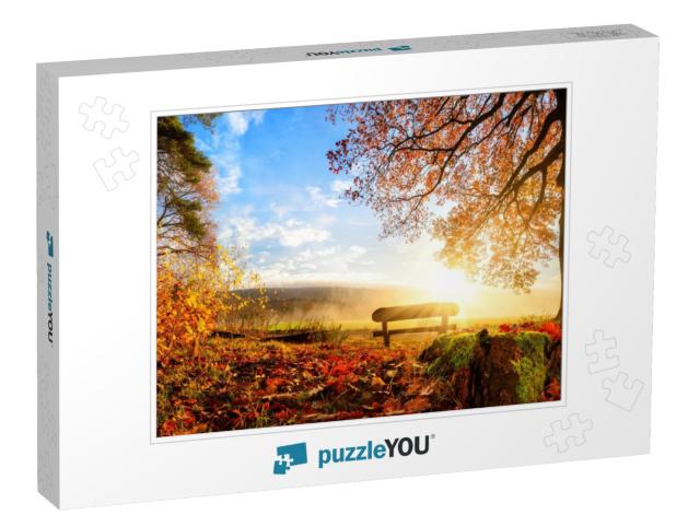 Autumn Landscape with the Sun Warmly Illumining a Bench U... Jigsaw Puzzle