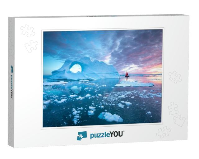Little Red Sailboat Cruising Among Floating Icebergs in D... Jigsaw Puzzle