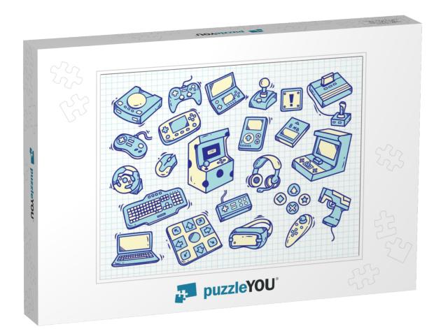 Set of Vintage Video Game Doodle on Paper Background... Jigsaw Puzzle