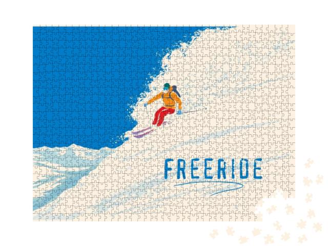Skier Freerides Riding Down the Mountainside on Skis in M... Jigsaw Puzzle with 1000 pieces