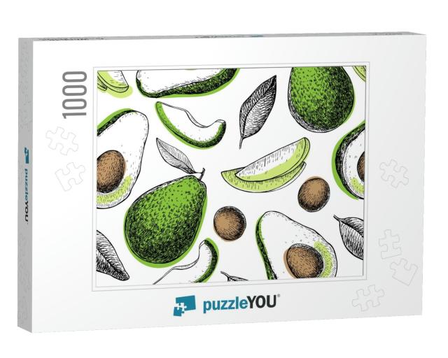 Vector Hand Drawn Avocado Seamless Pattern. Whole Avocado... Jigsaw Puzzle with 1000 pieces
