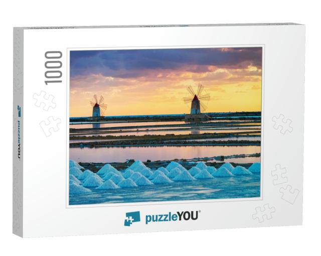 Sunset At Windmills in the Salt Evaporation Pond in Marsa... Jigsaw Puzzle with 1000 pieces