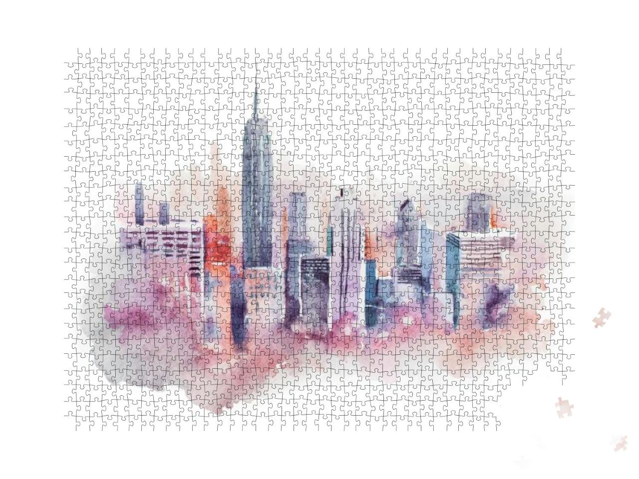 Watercolor Drawing Cityscape Big City Downtown, Aquarelle... Jigsaw Puzzle with 1000 pieces