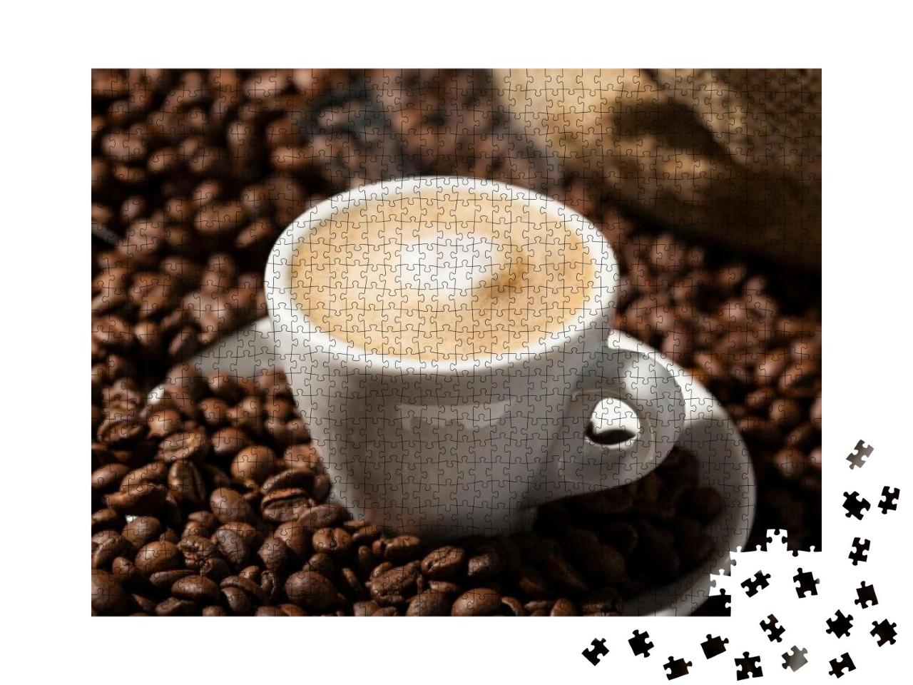 Cappuccino or Coffee with Milk Cup & Roasted Beans. Coffe... Jigsaw Puzzle with 1000 pieces