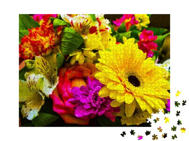 Bouquet of Flowers Roses Gerbera Flowers Carnations... Jigsaw Puzzle with 1000 pieces