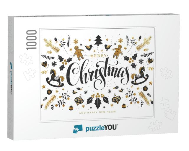 Christmas Postcard with Hand Lettering, Handmade Calligra... Jigsaw Puzzle with 1000 pieces