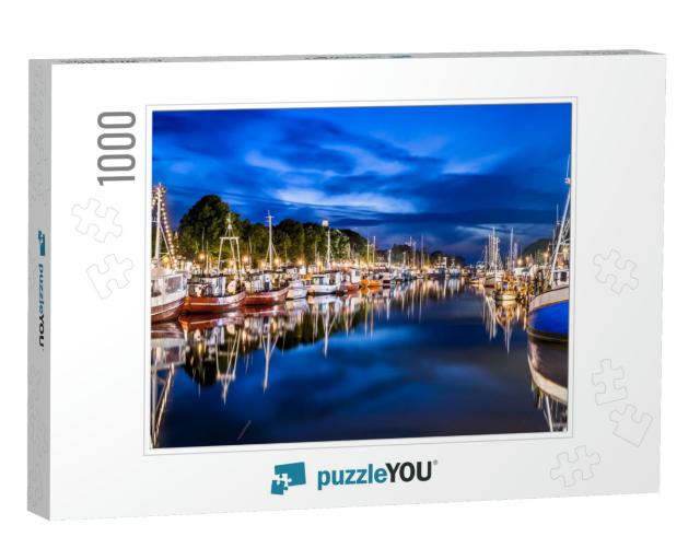 Night View of Canal with Ships & Baltic Sea in Warnemunde... Jigsaw Puzzle with 1000 pieces