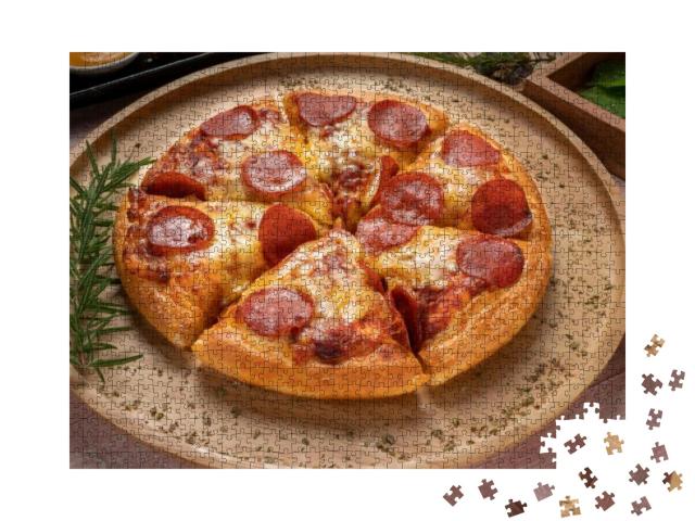 Tasty Pepperoni Pizza on Wooden Background. Top View of H... Jigsaw Puzzle with 1000 pieces