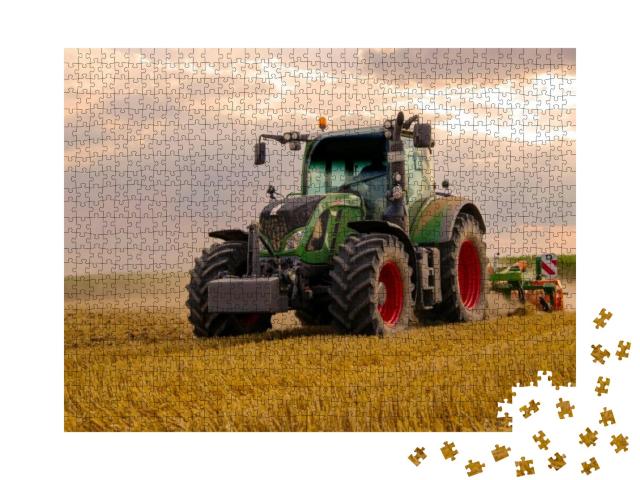 Green Tractor Plowing Cereal Field with Sky with Clouds... Jigsaw Puzzle with 1000 pieces
