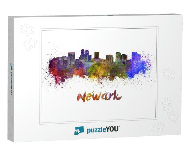 Newark Skyline in Watercolor Splatters with Clipping Path... Jigsaw Puzzle