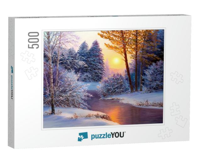 Winter Landscape with the River. Original Oil Painting... Jigsaw Puzzle with 500 pieces