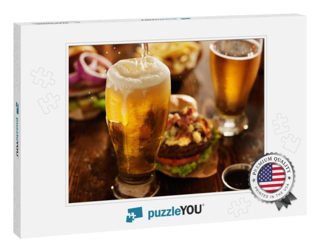 Beer Being Poured Into Glass with Gourmet Hamburgers... Jigsaw Puzzle