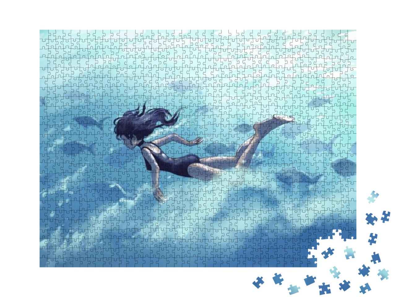 Young Woman Diving with a School of Fish in the Sea, Digi... Jigsaw Puzzle with 1000 pieces