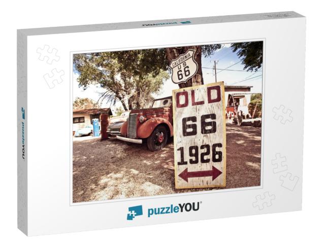 Old Route 66 Signs with Rusty Cars in Background... Jigsaw Puzzle